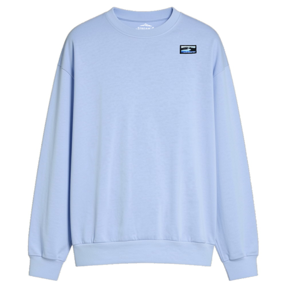 A light blue crewneck sweatshirt with a small rectangular graphic patch on the left chest, displayed on a clean white background.