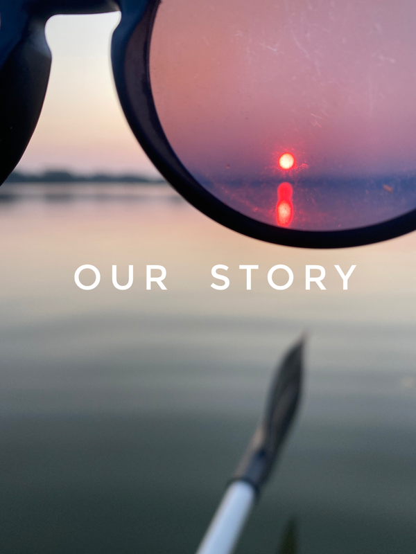 Sunglasses reflecting a sunset over water on kayak